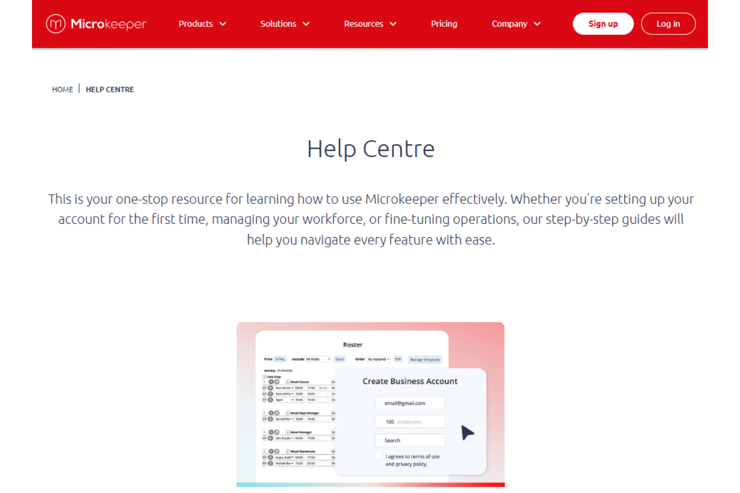 Microkeeper Help Centre webpage with roster screenshot and account creation form