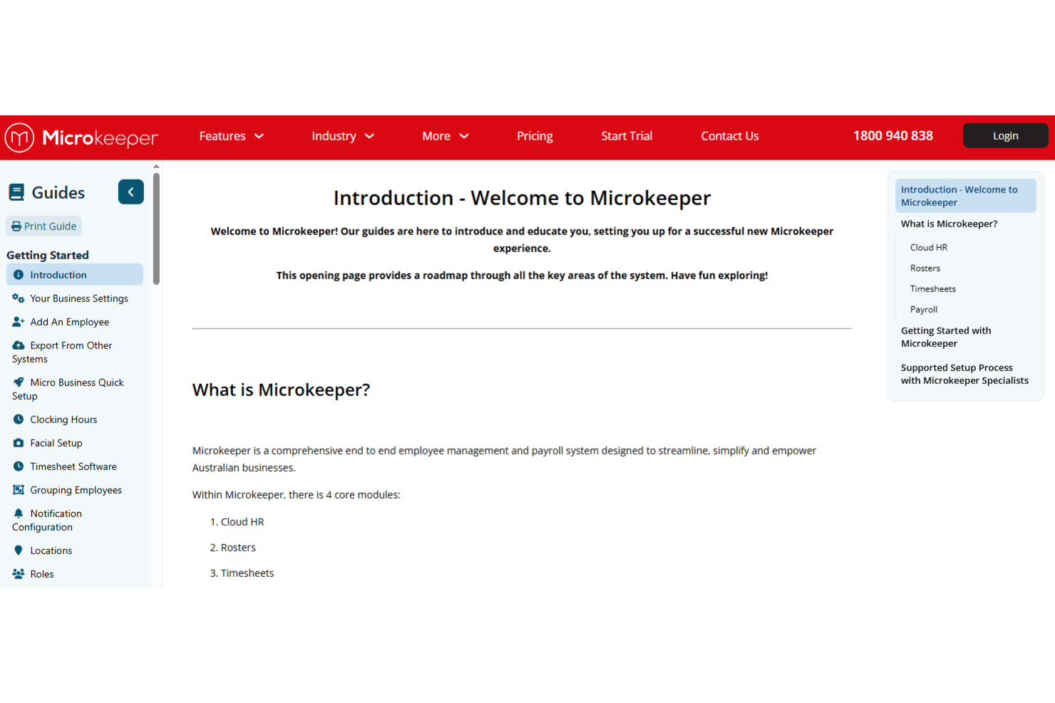 Microkeeper getting started guide introduction page showing core modules overview