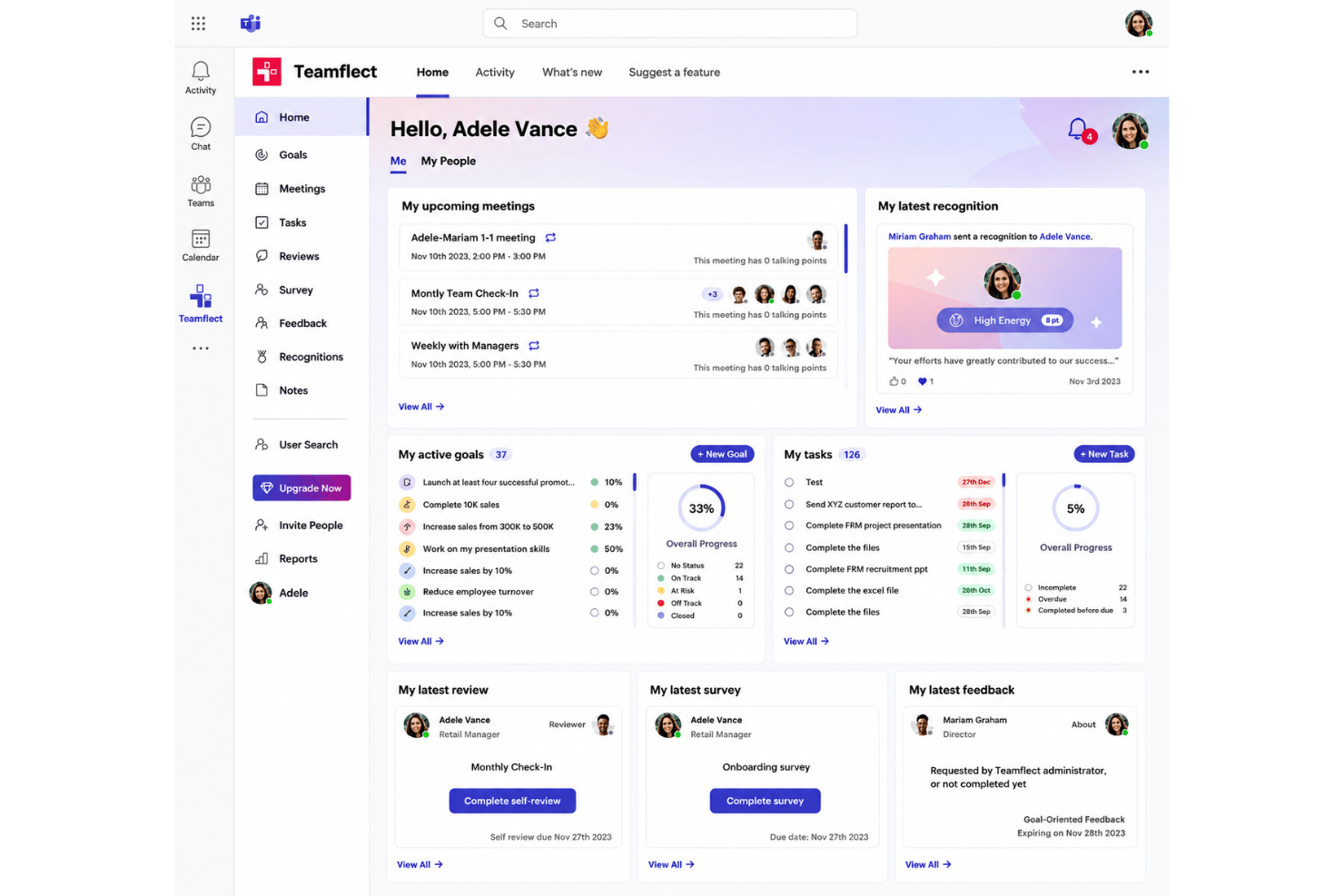 Teamflect centralizes goals, tasks, meetings, and reviews in one dashboard.