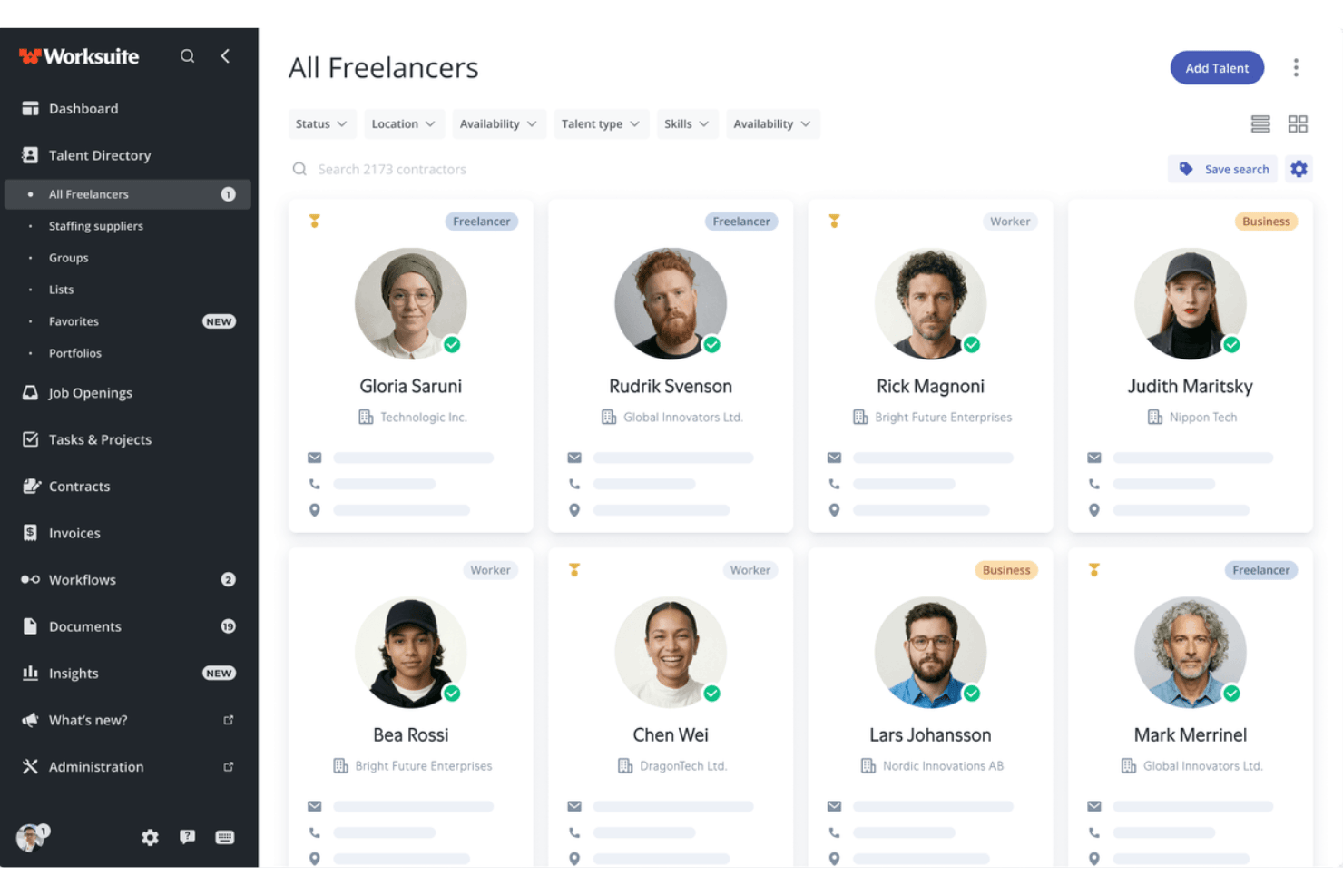 Worksuite freelancer directory showing eight contractor profile cards with filters.