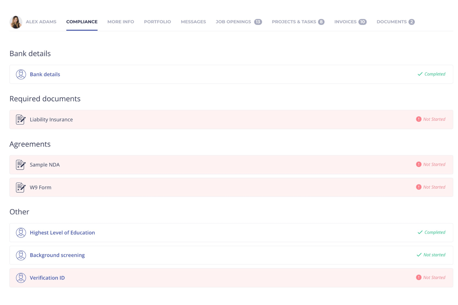 Worksuite dashboard showing bank details, required documents, and other verification statuses.