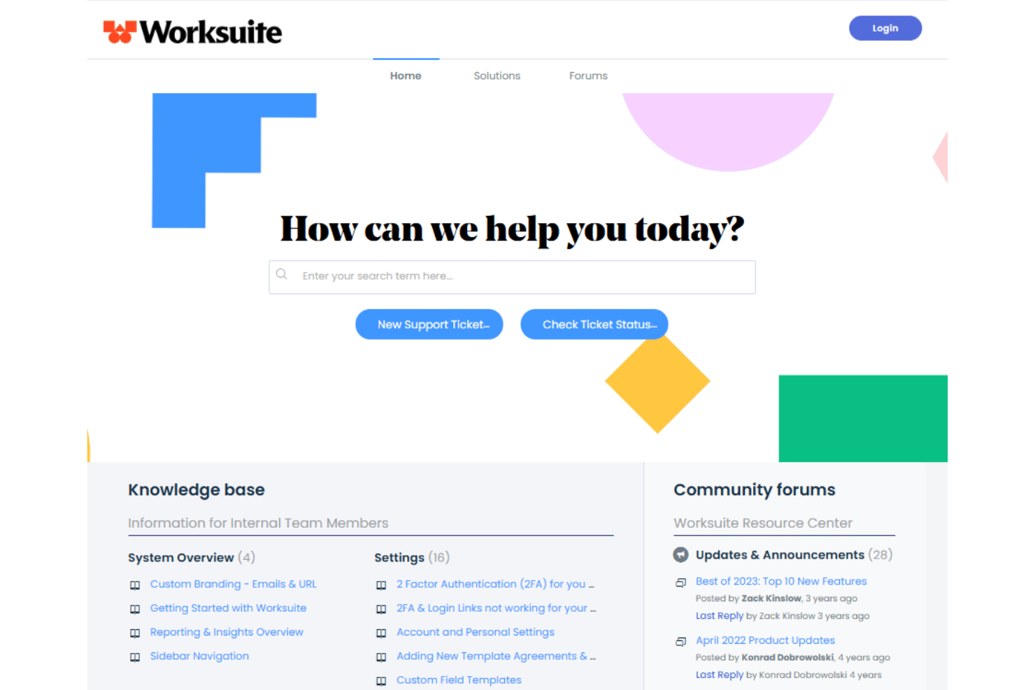 Worksuite support portal with search bar, ticket buttons, and knowledge base.