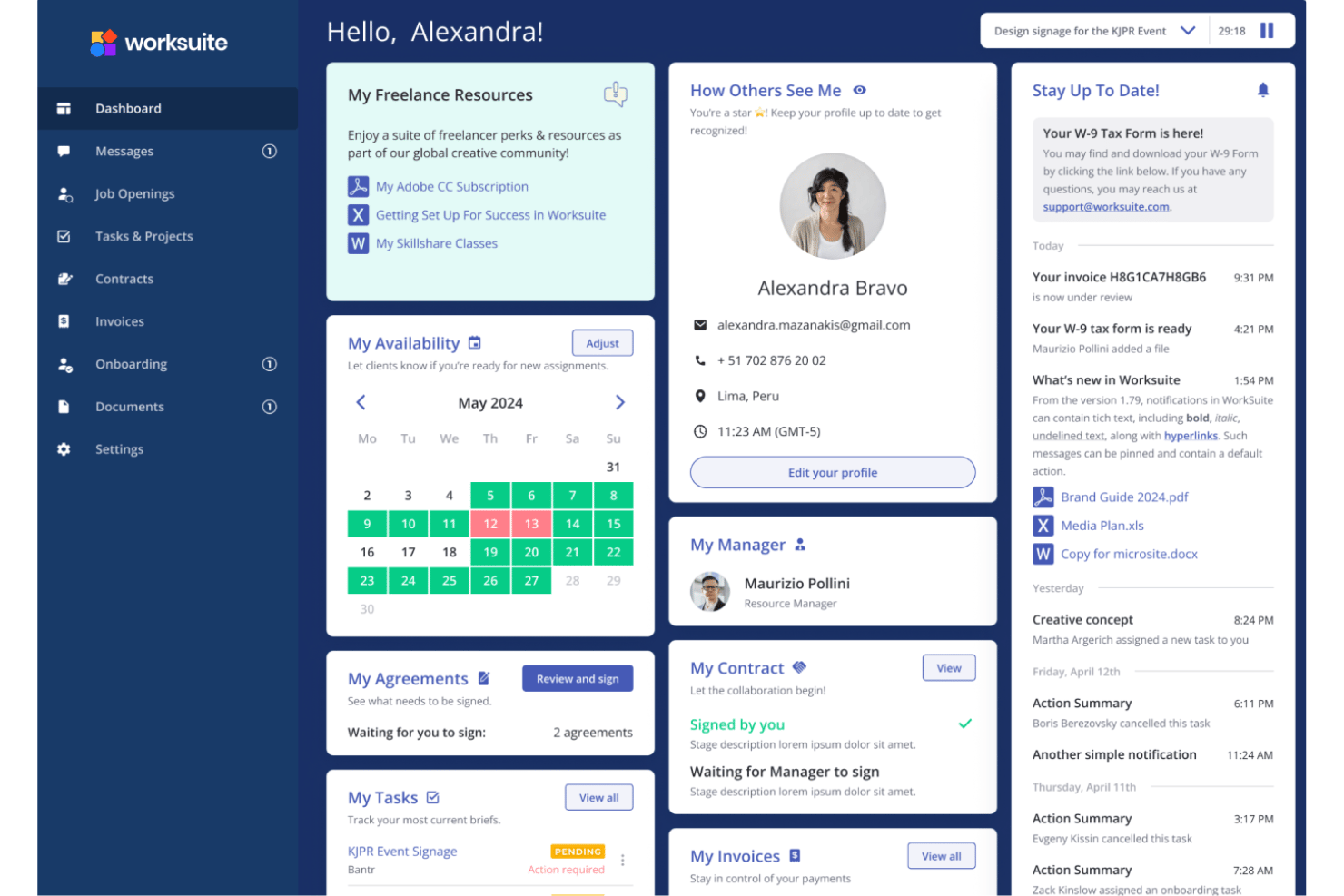 Worksuite centralizes freelancer tasks, contracts, invoices, and availability in one dashboard.