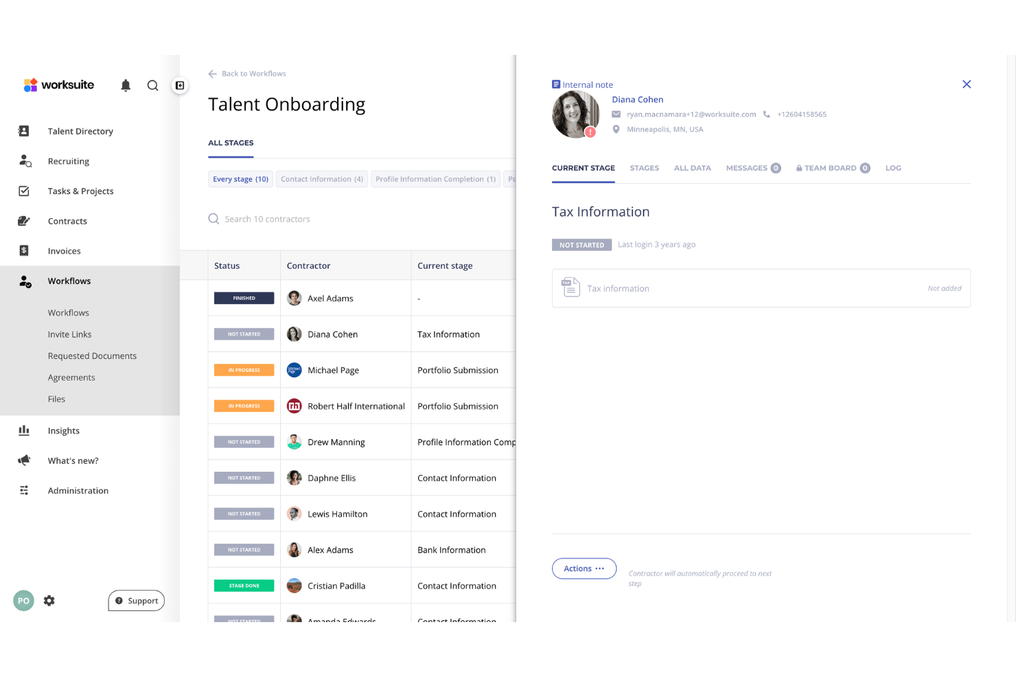 Worksuite talent onboarding workflow showing contractor stages and tax information panel.