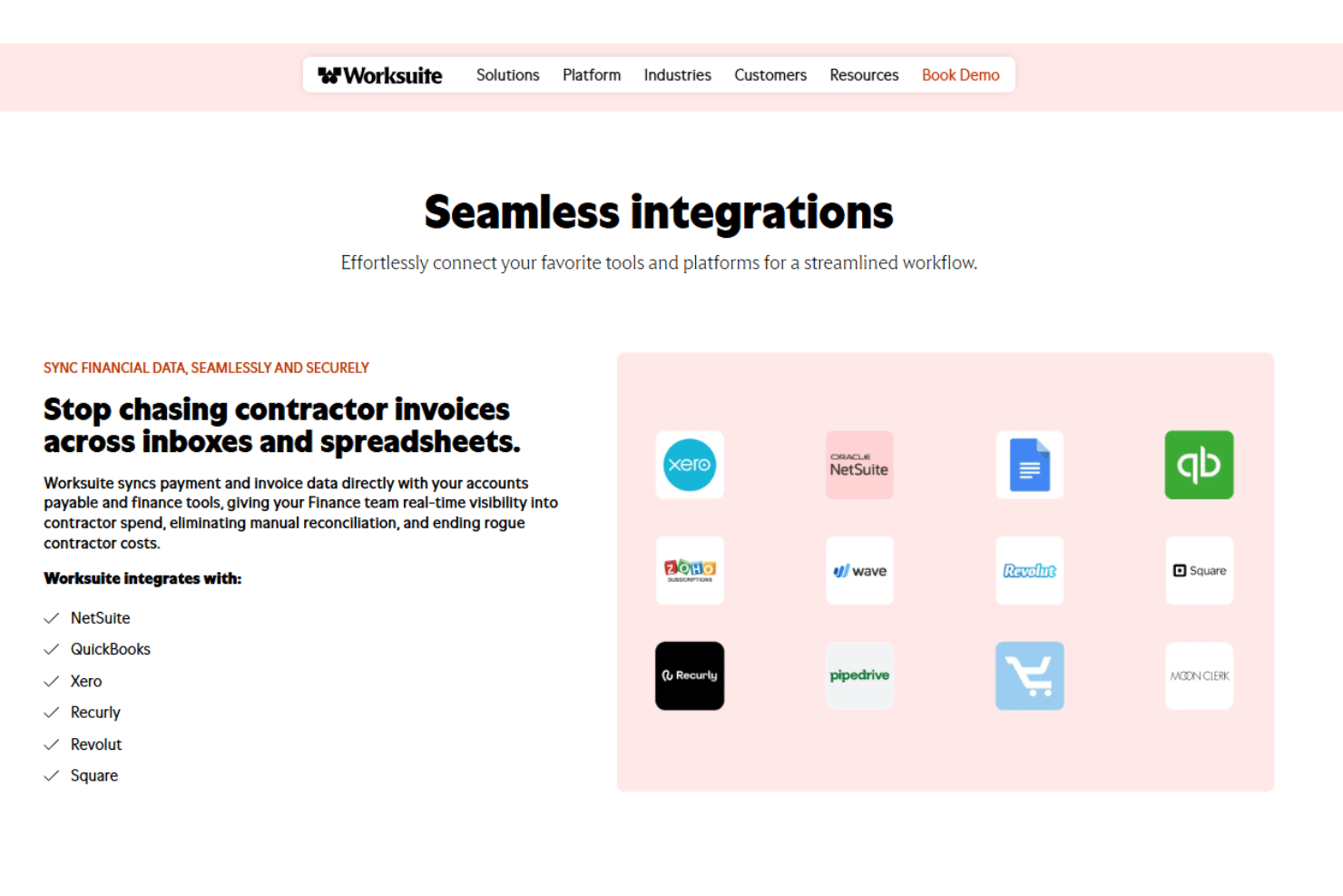 Worksuite integrations page showing logos of NetSuite, QuickBooks, Xero, Revolut, and more.
