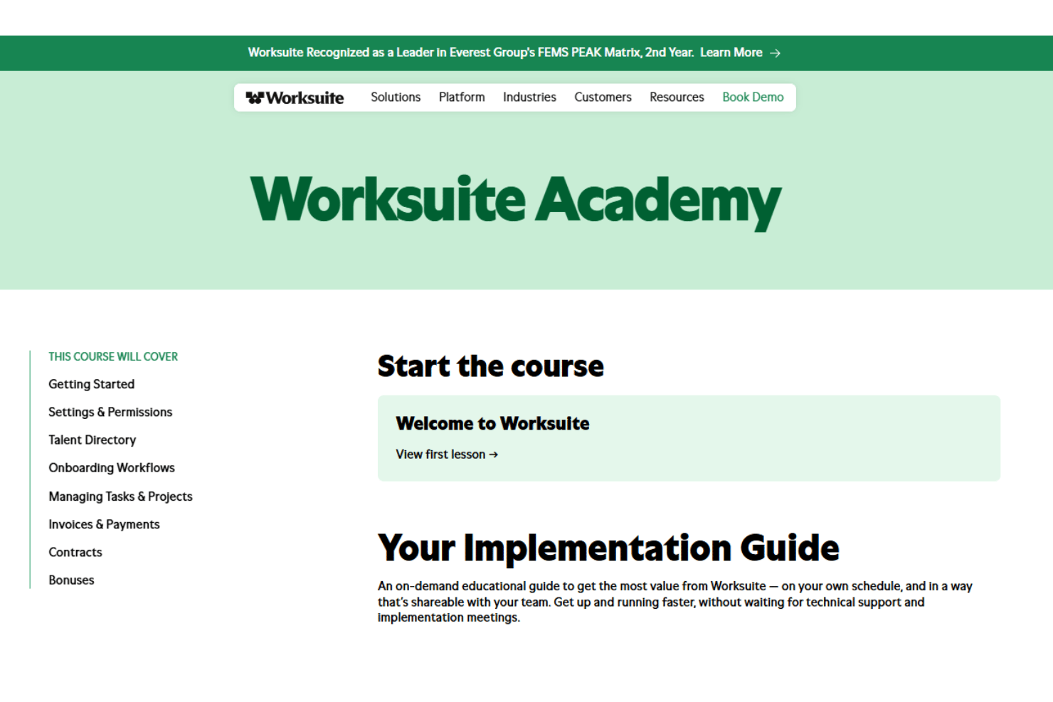 Worksuite Academy page showing course outline and implementation guide for onboarding.