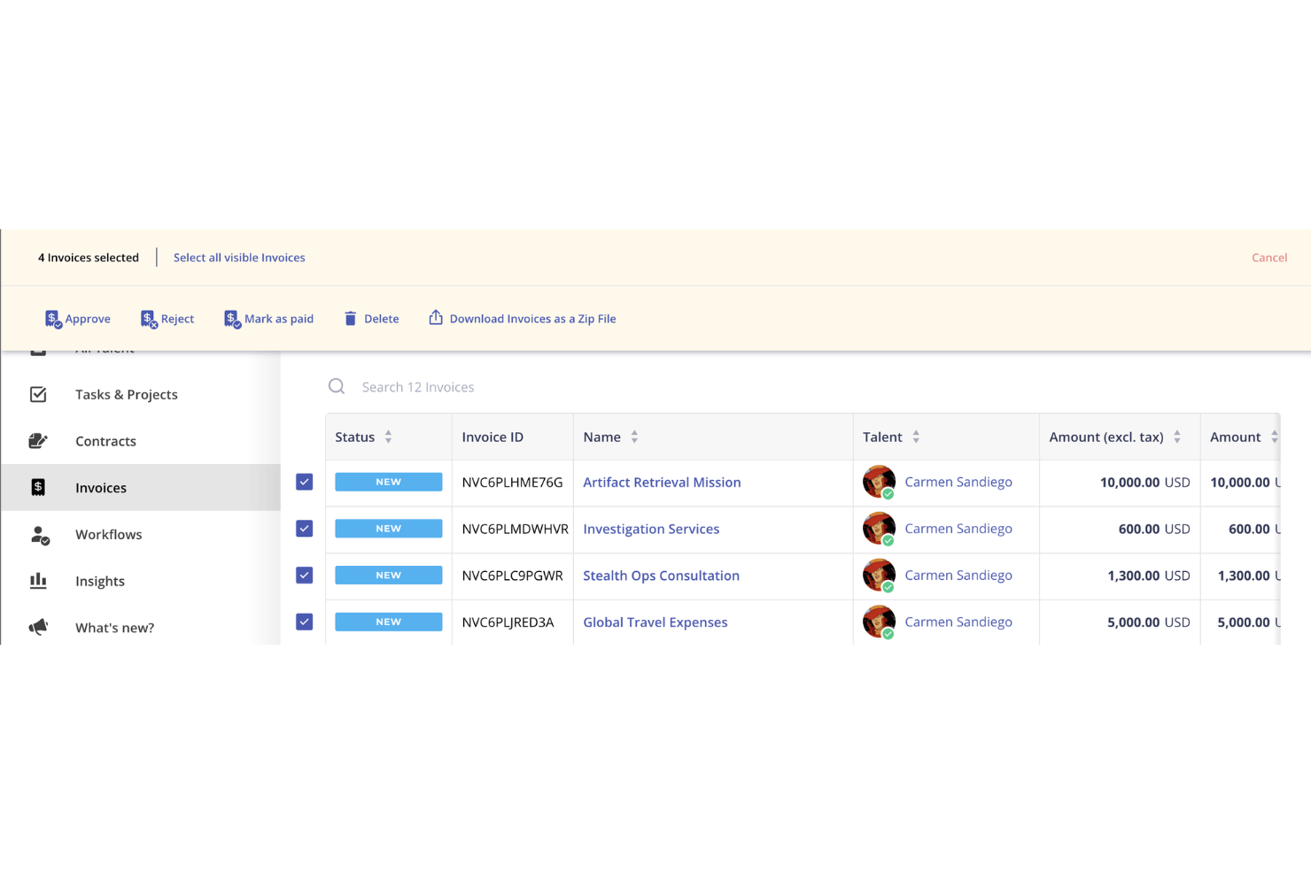 Worksuite dashboard showing 4 selected invoices with bulk action options.