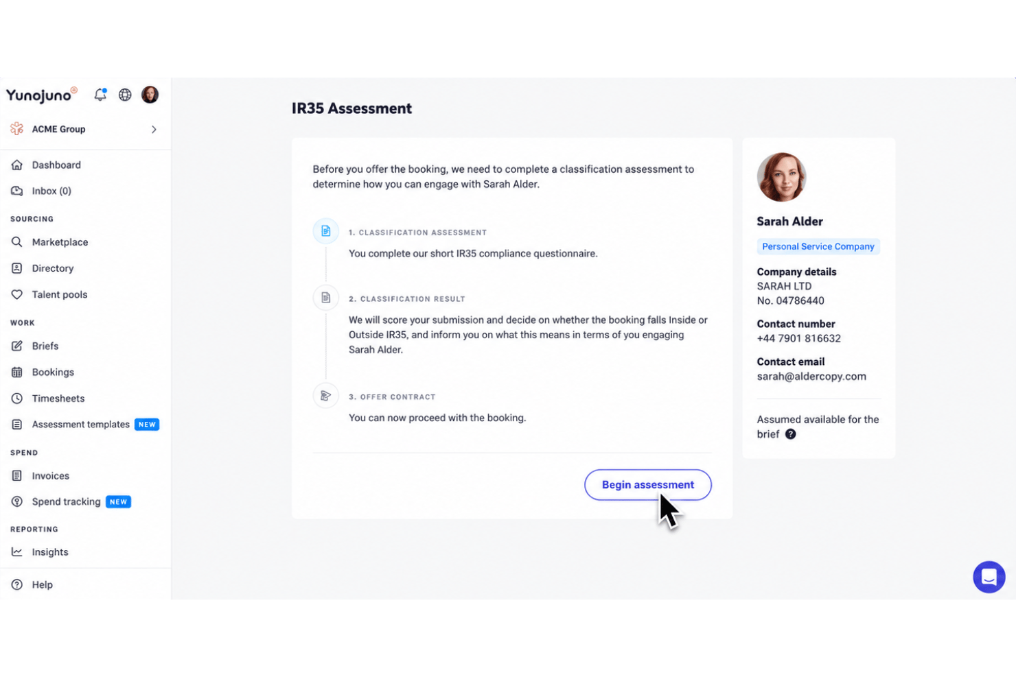 YunoJuno IR35 assessment with contractor compliance and risk checks.