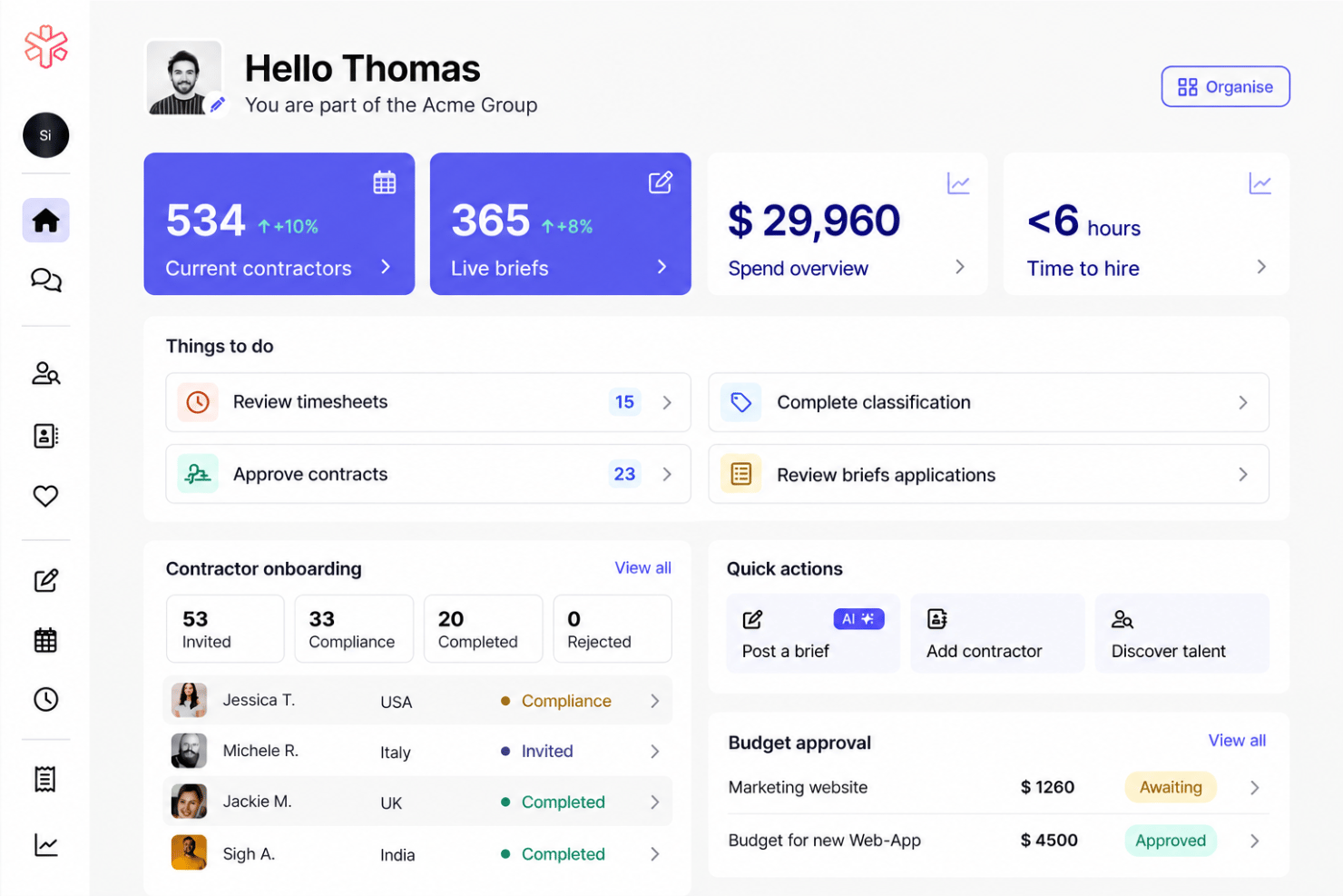 YunoJuno interface with contracts, compliance, payments, and talent search.
