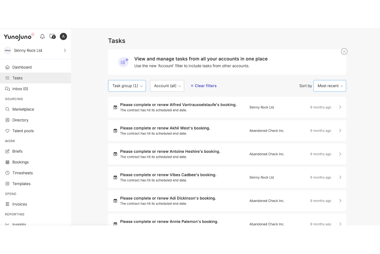YunoJuno project tracking with freelancer assignments and contract timelines.