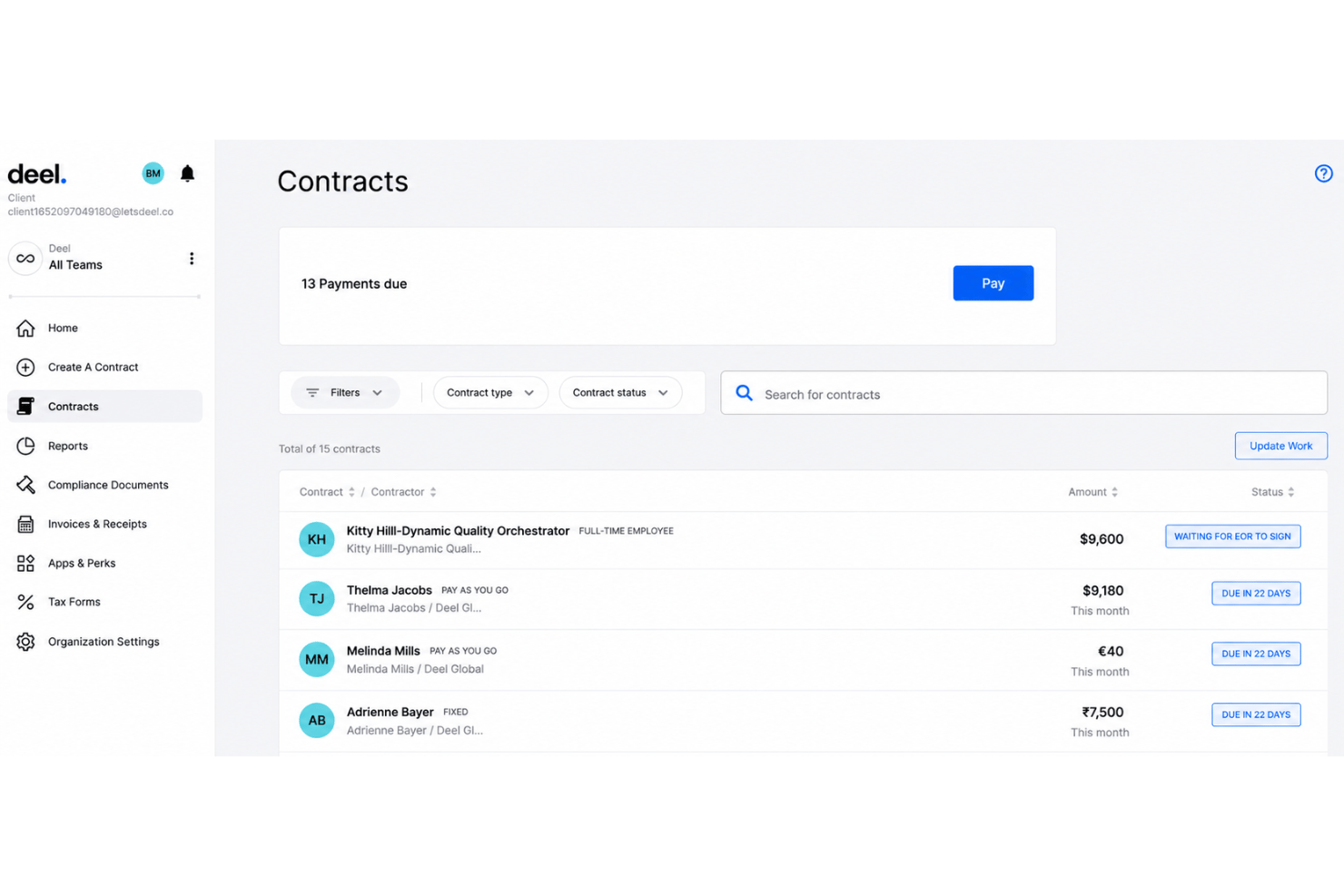 Deel Hire dashboard with contractors, contracts, compliance, and payments.