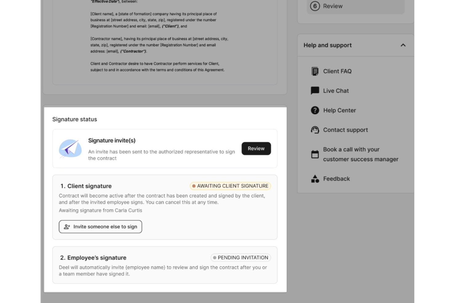 Deel Hire e-signature with contract status and document tracking.
