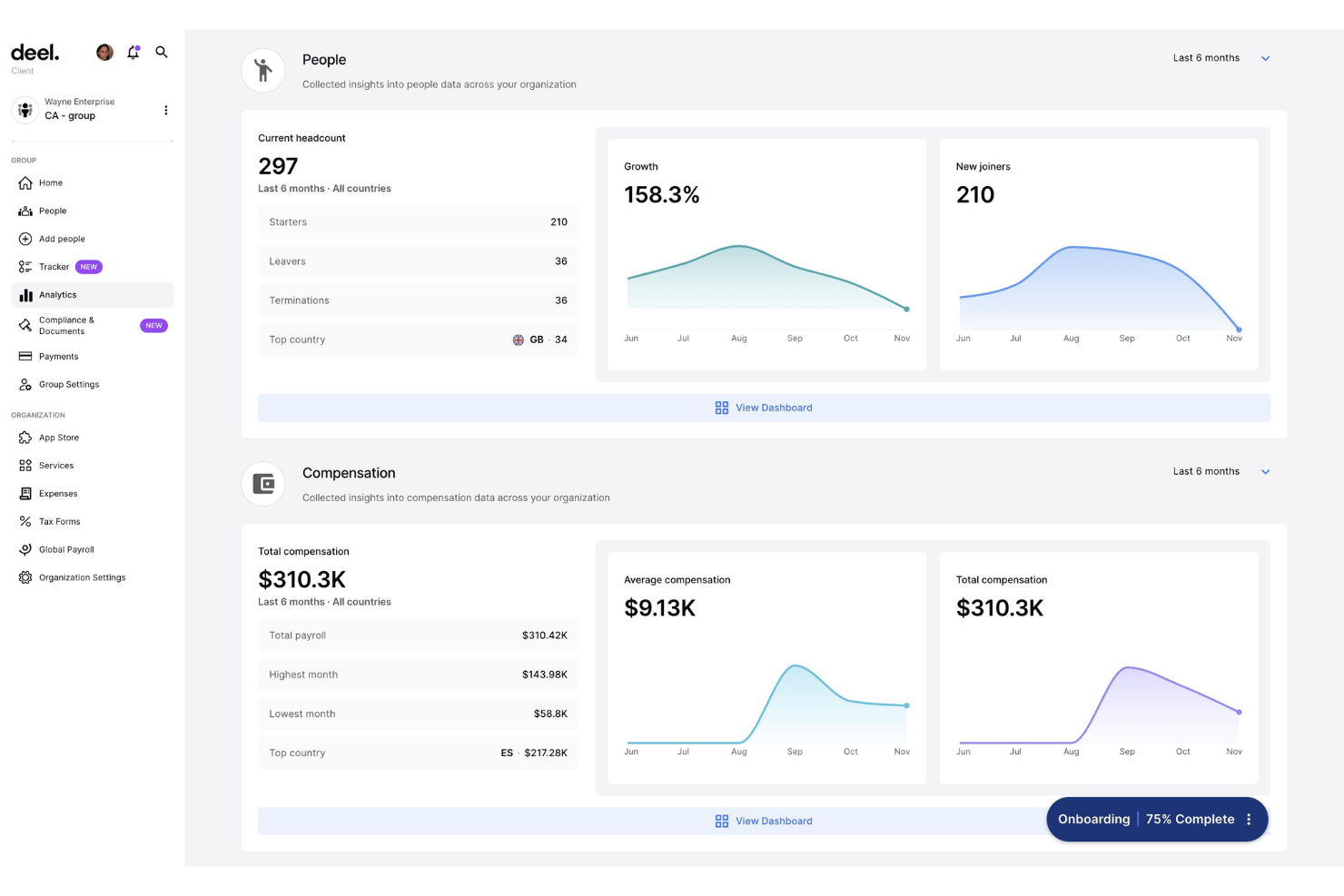 Deel Hire interface with contractor onboarding, compliance, and payments.