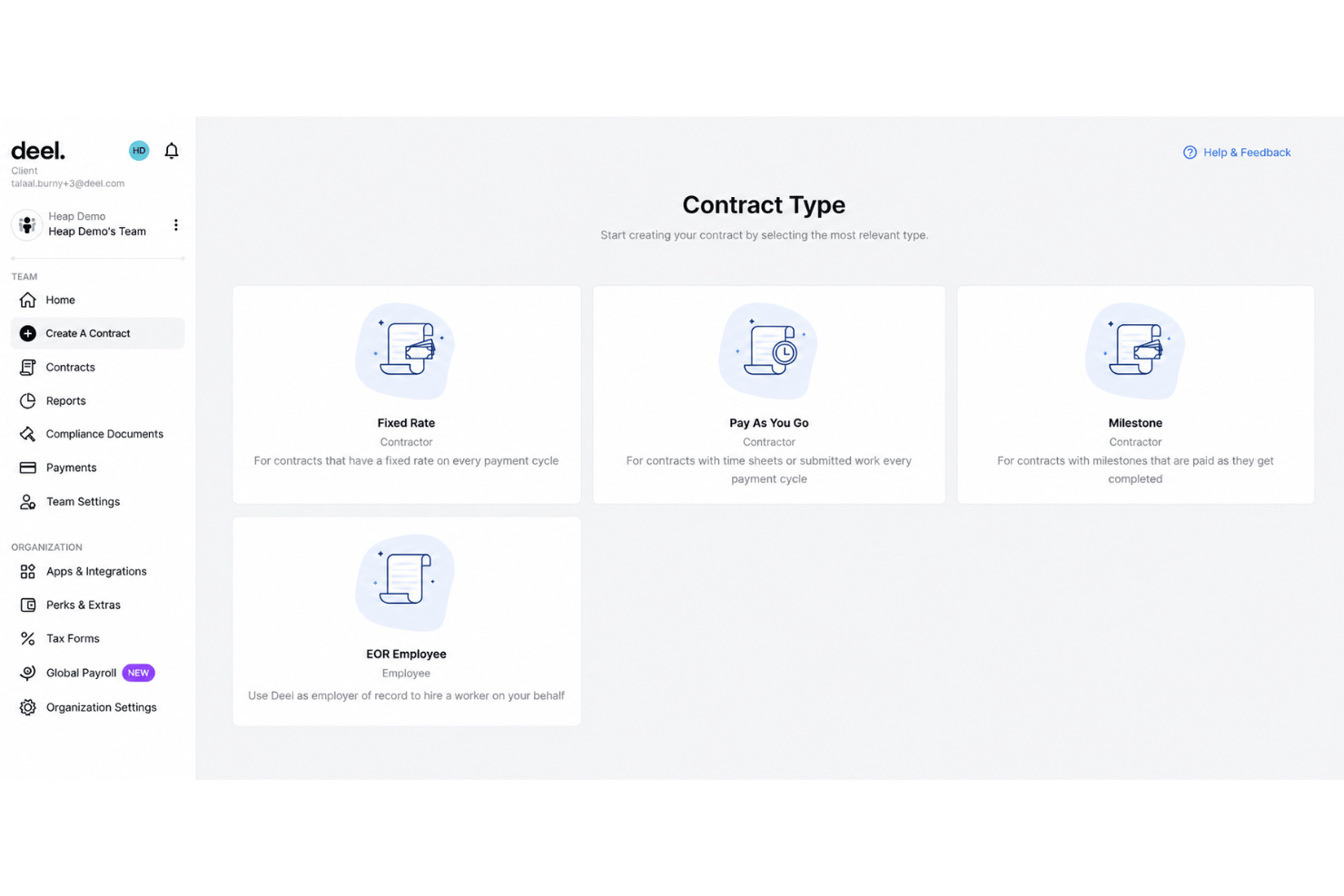 Deel Hire contract templates with localized terms and compliance details.