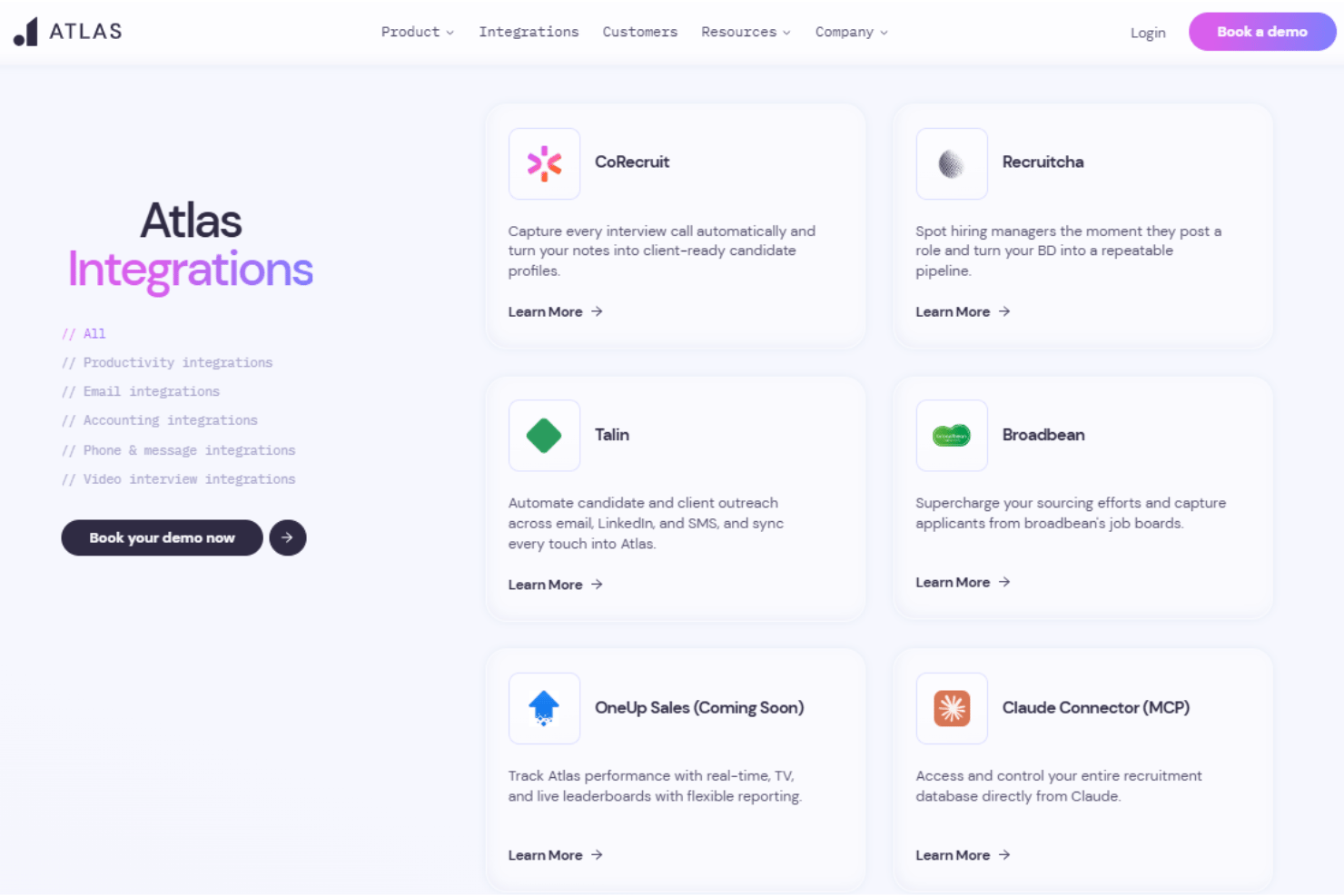 Atlas integrations with Xero, RingCentral, Zoom, Teams, Outlook, and Claude.