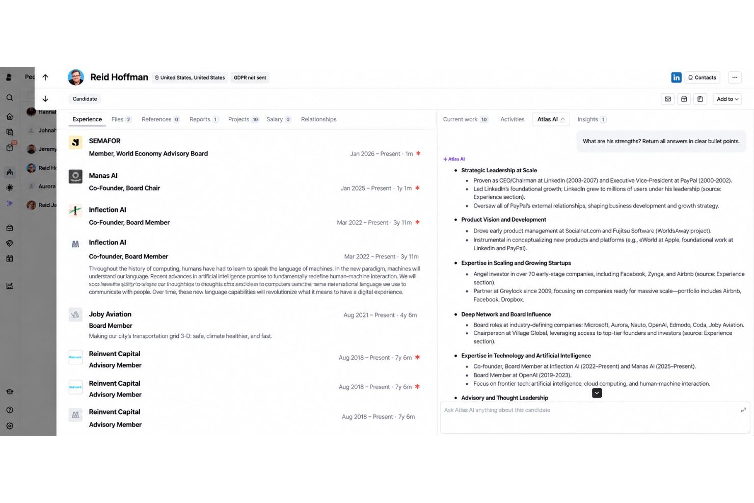 Atlas candidate profile with conversation history, preferences, and insights.