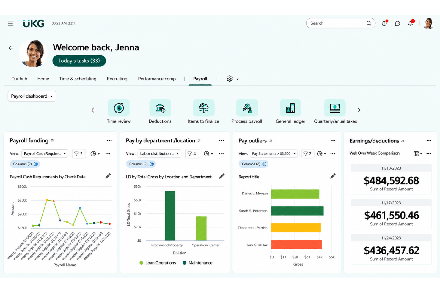 UKG Ready payroll dashboard showing employee pay and payroll details.