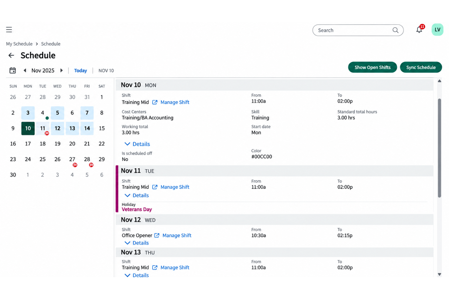 UKG Ready scheduling dashboard showing employee shifts and schedules.