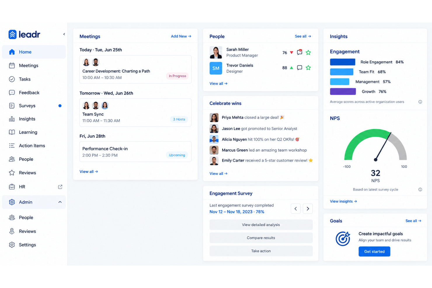 Leadr centralizes manager coaching, goals, meetings, and development.