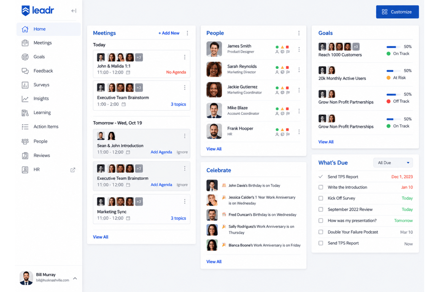 Leadr interface with one-on-ones, goals, feedback, and coaching tools.