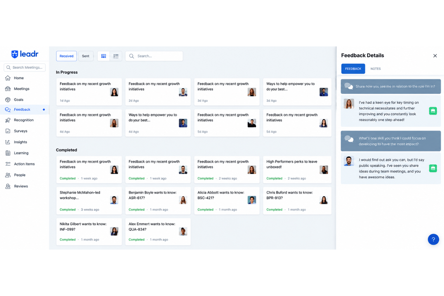Leadr feedback and recognition with peer and manager messages.