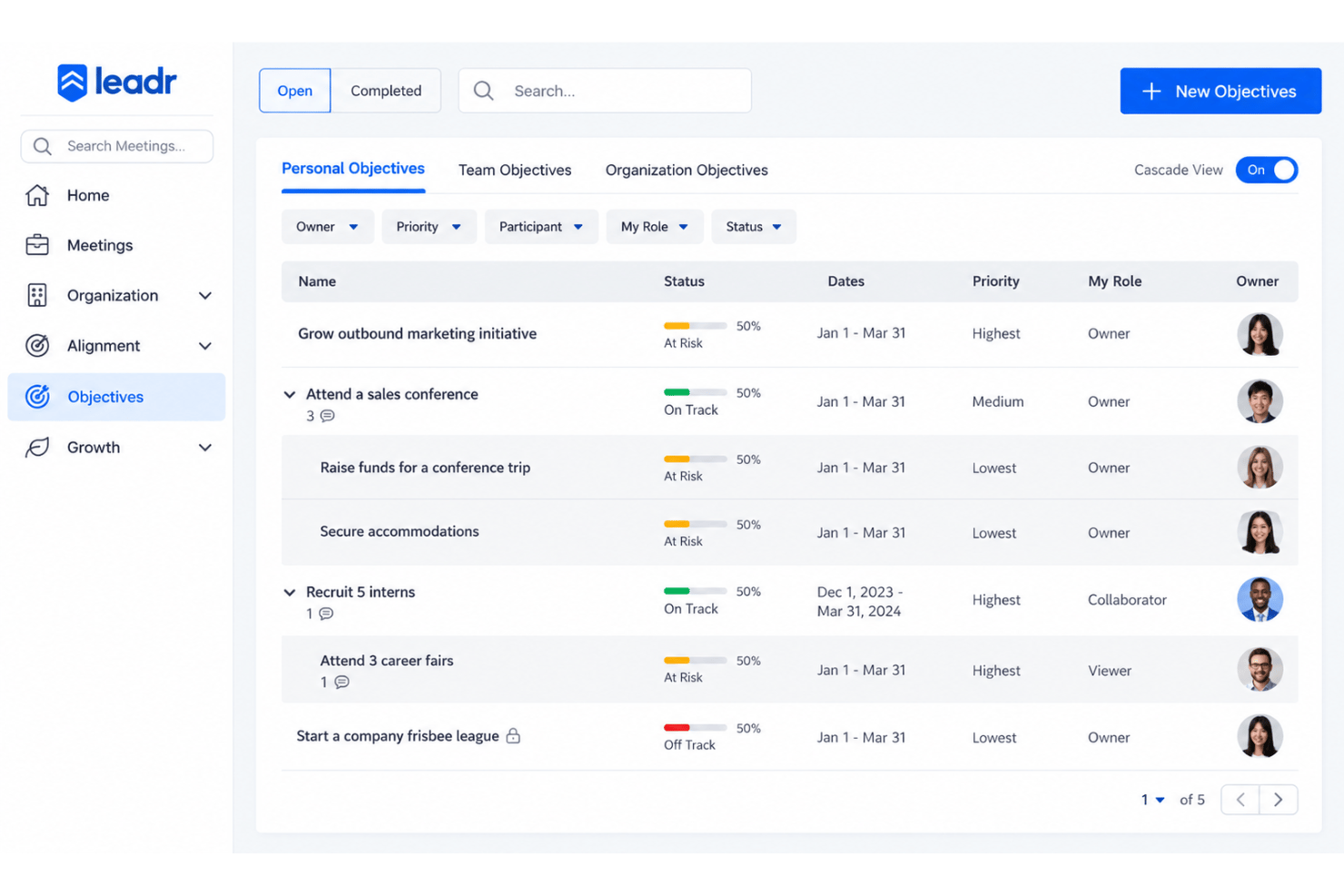 Leadr goal tracking with progress, priorities, and development plans.