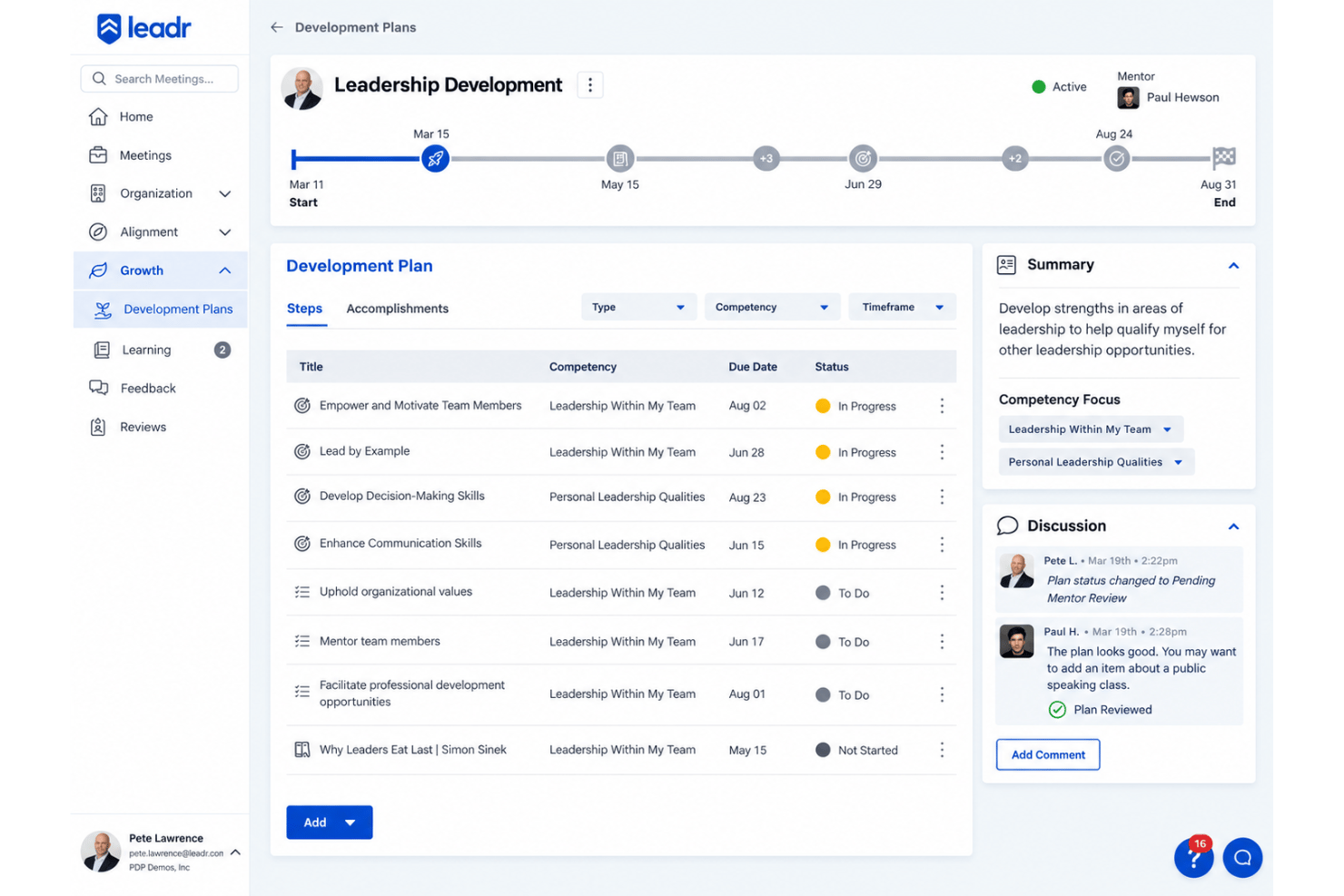 Leadr development plan with skills, resources, and learning milestones.