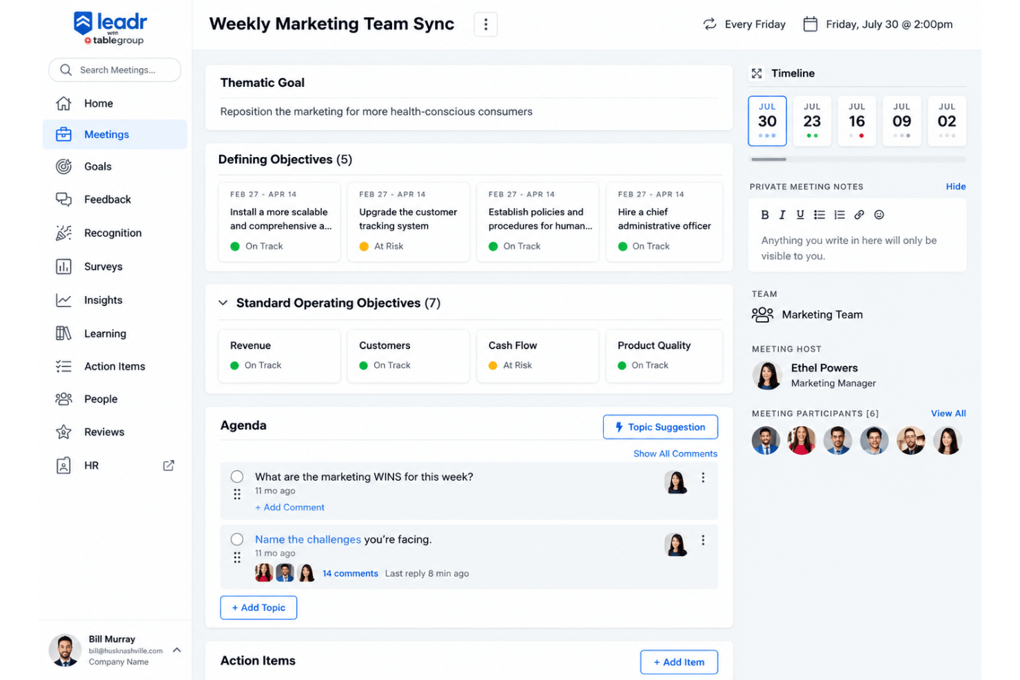 Leadr shared meeting notes with assigned action items and follow-ups.