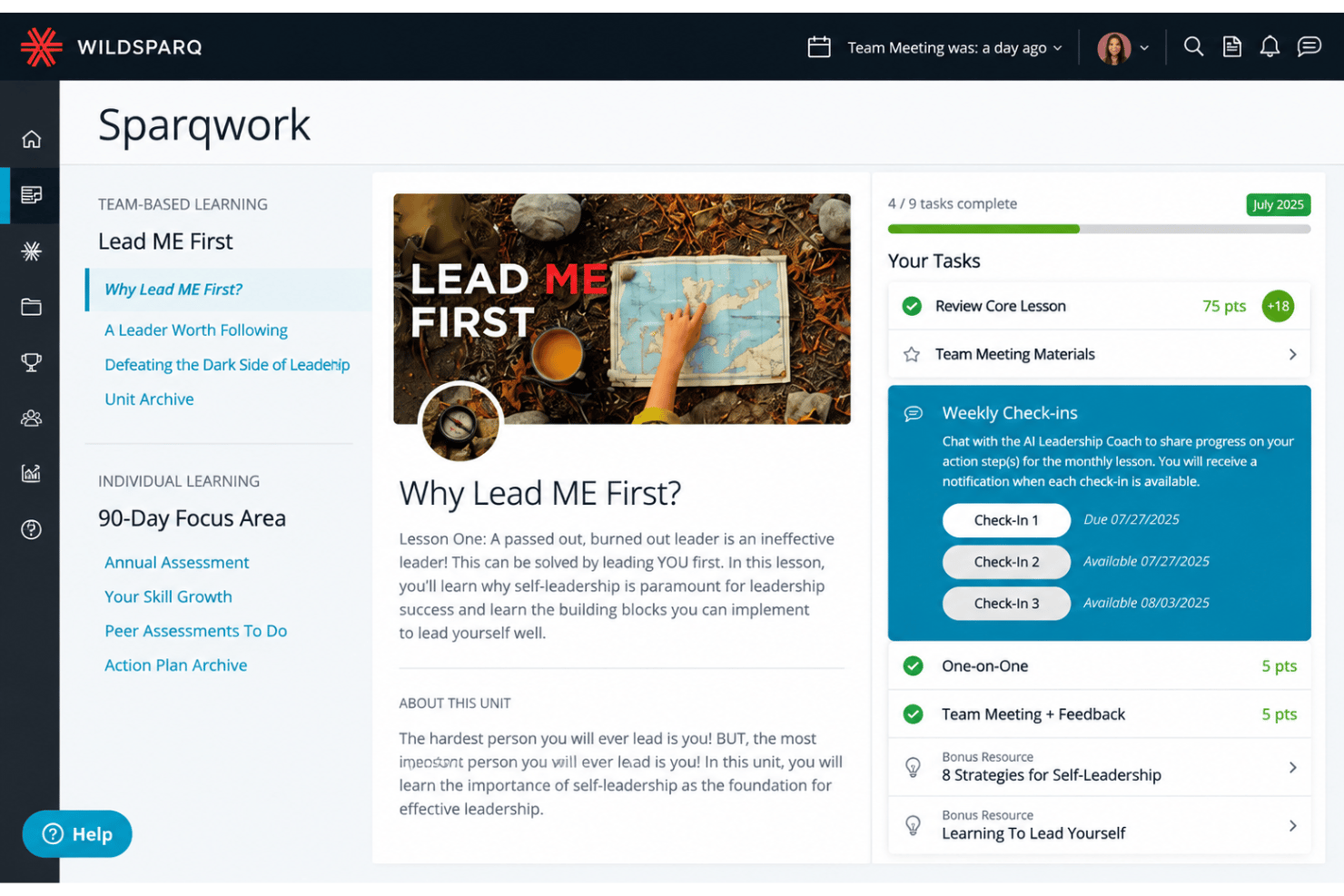 Wildsparq interface with short lessons, TeamIQ dashboards, and team meetings.