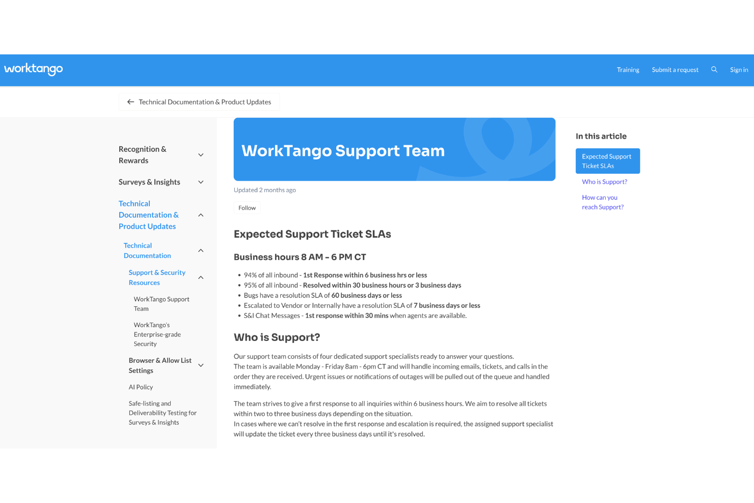 WorkTango support page showing ticket SLAs and business hours policy.
