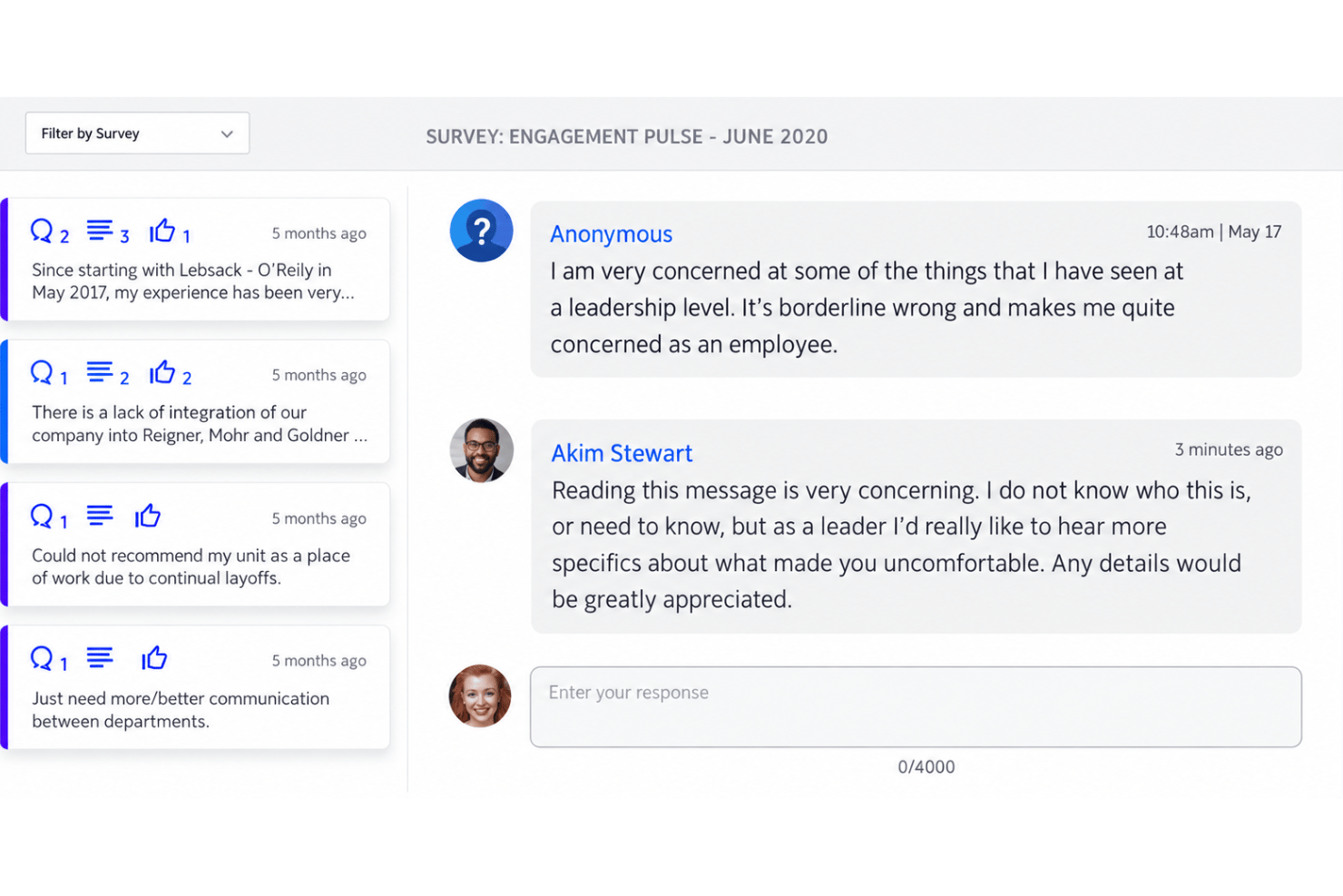 WorkTango anonymous conversations with survey comments and leader replies.
