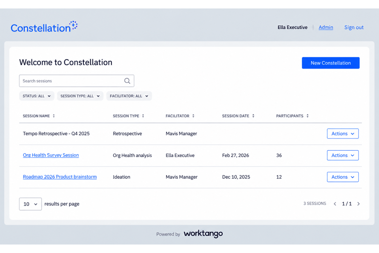WorkTango Constellation with AI sessions, root causes, and action plans.