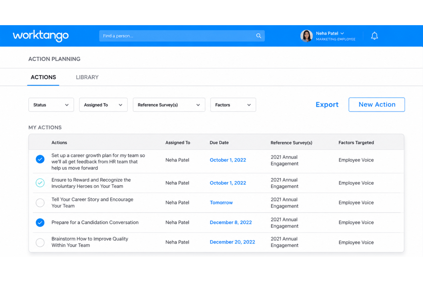 WorkTango dashboard with engagement, recognition, and action planning.