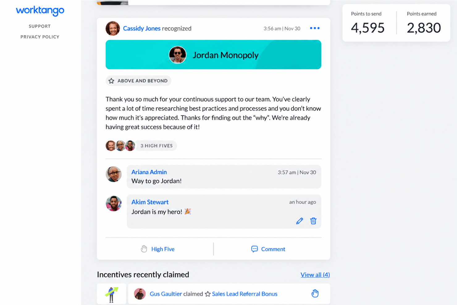 WorkTango employee recognition with messages, points, and AI insights.