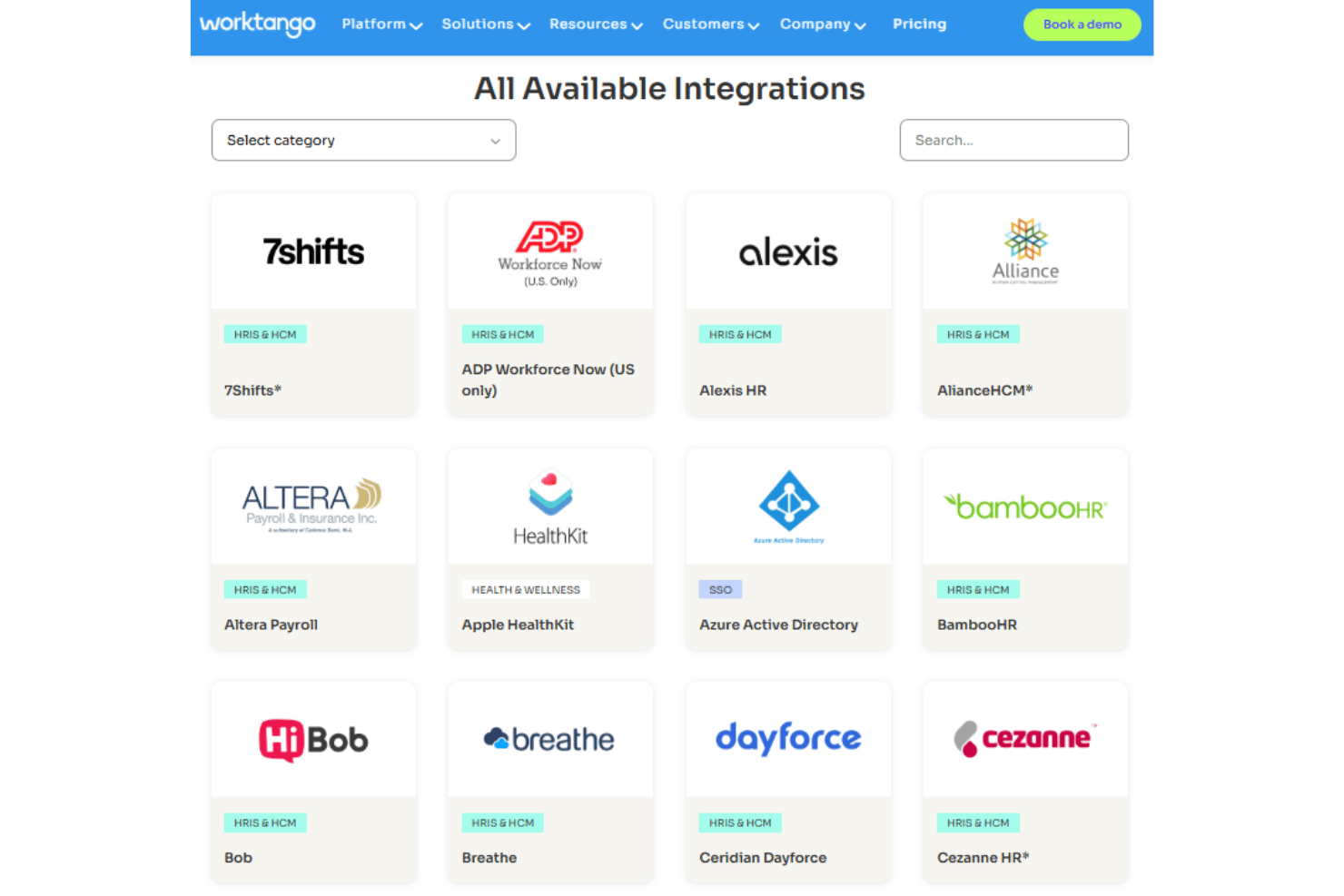 WorkTango integrations with Workday, ADP, Teams, Slack, and BambooHR.