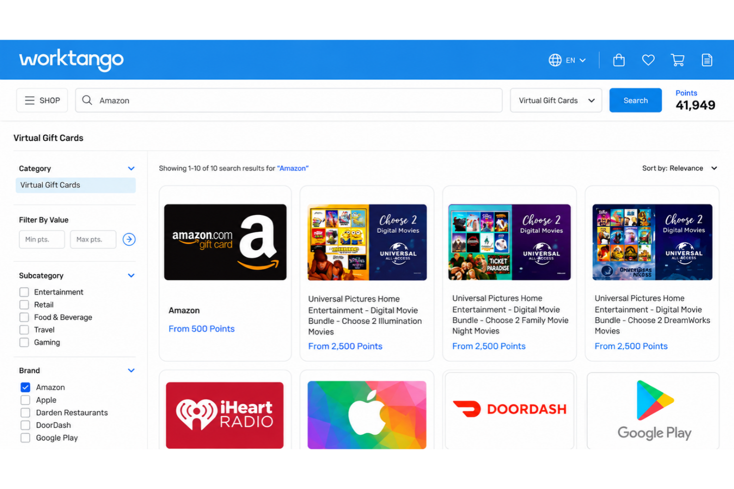 WorkTango rewards marketplace with merchandise, travel, and experiences.