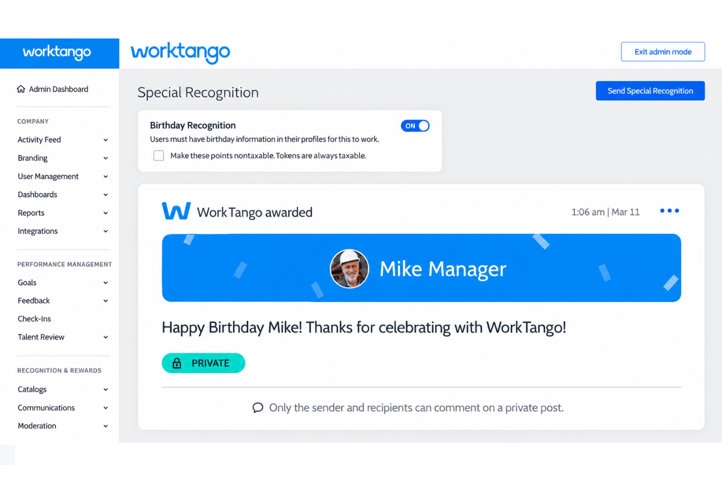 WorkTango service awards for birthdays, anniversaries, and milestones.