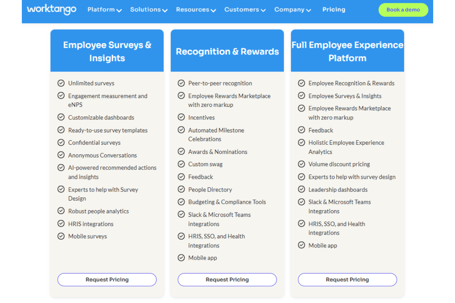 WorkTango pricing for Surveys &amp; Insights, Recognition &amp; Rewards, and full platform.