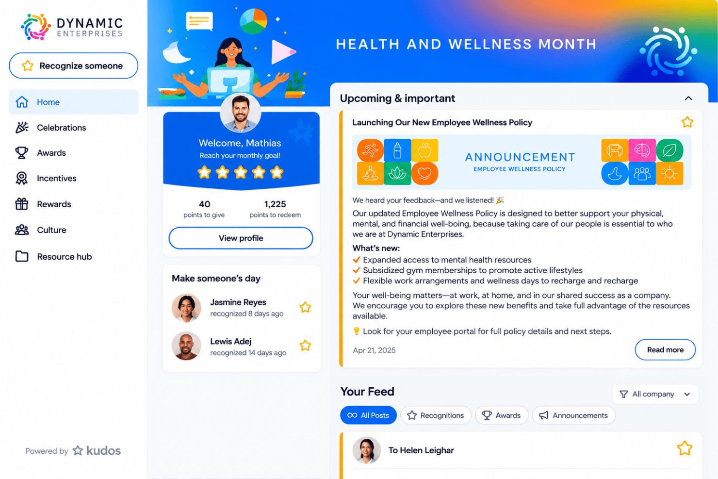 Kudos interface with recognition feed, awards, eCards, and milestones.