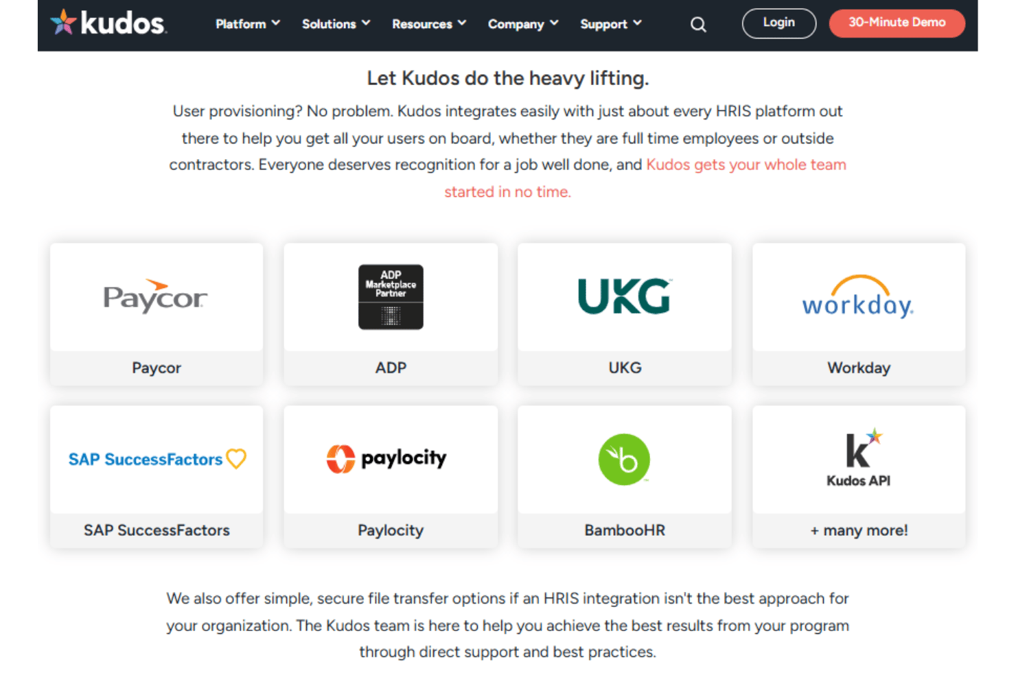 Kudos integrations with Teams, Slack, Workday, ADP, UKG, and BambooHR.