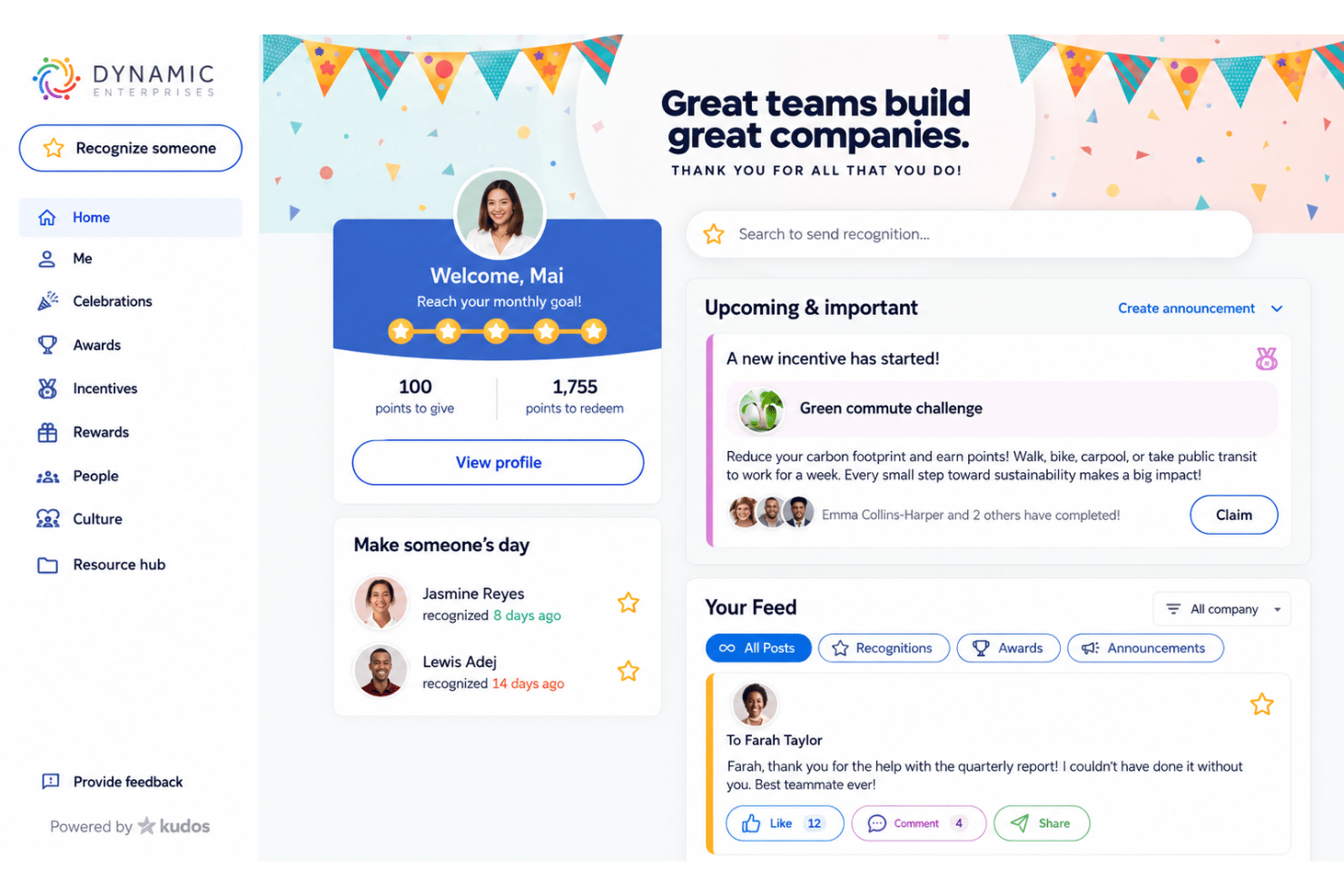 Kudos recognition feed with employee praise and company values.