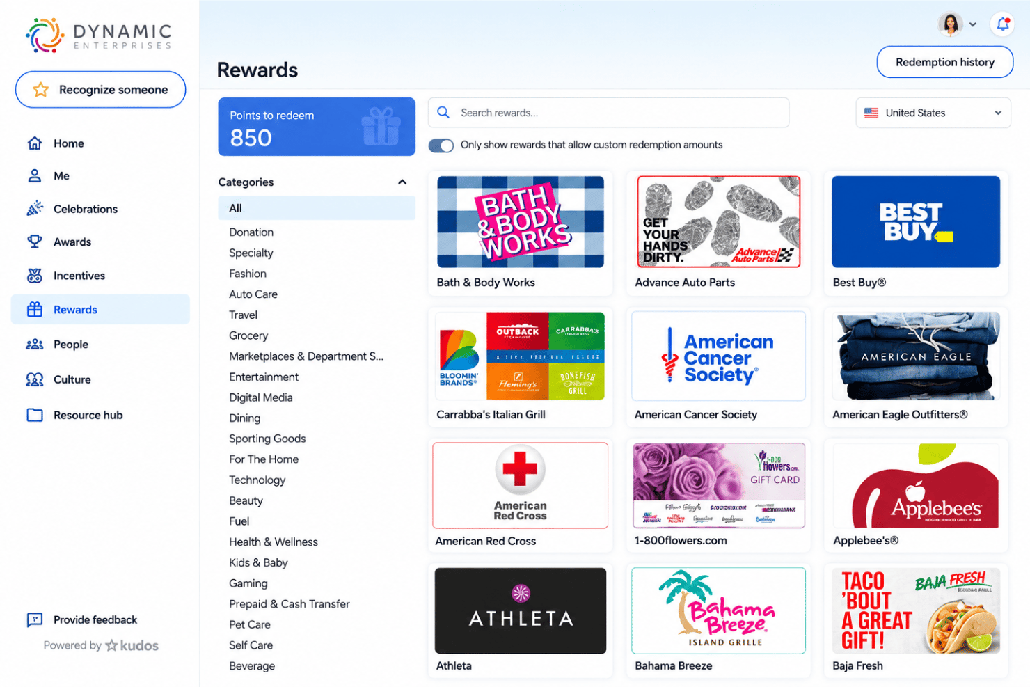 Kudos points-based rewards with recognition, budgets, and redemptions.