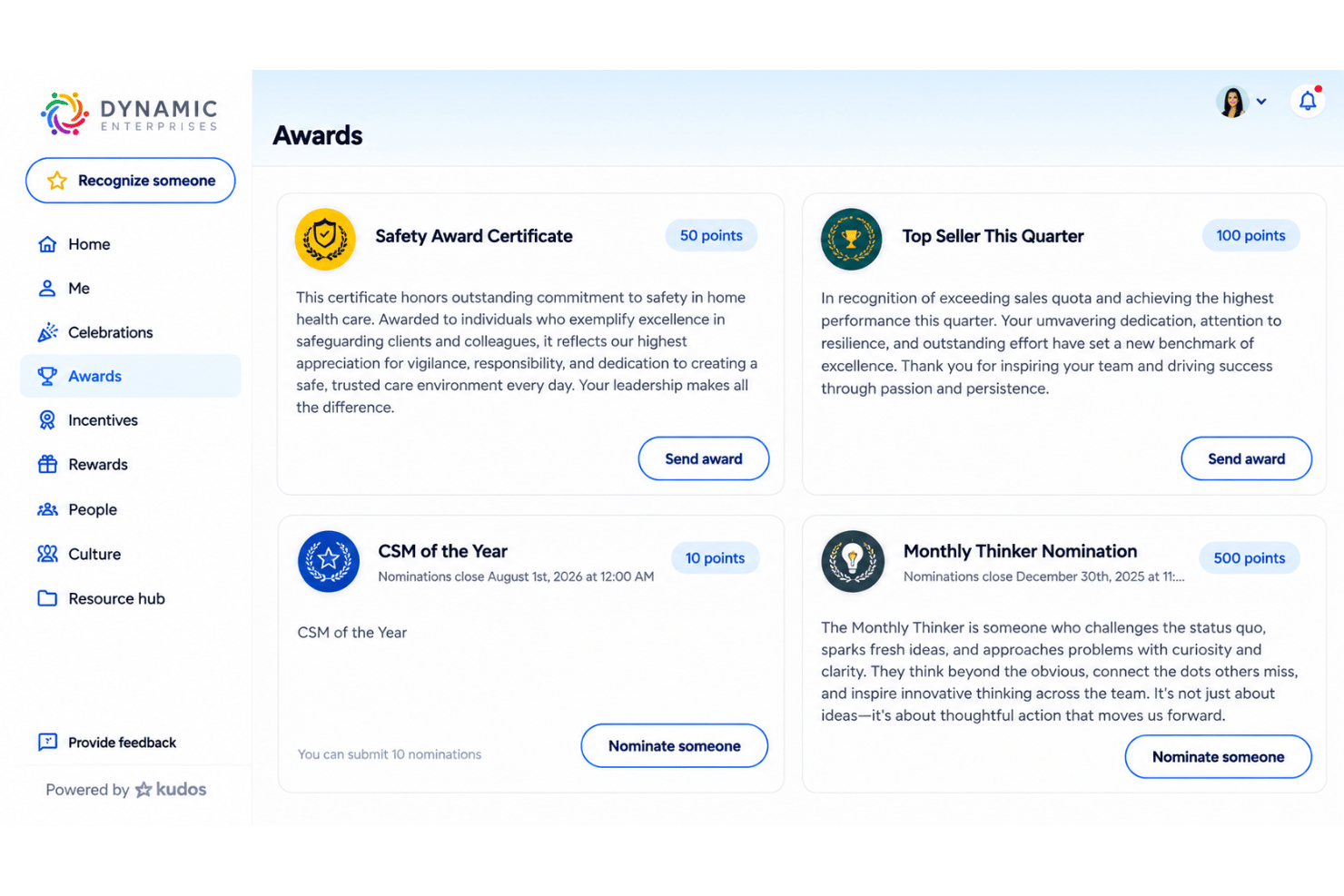 Kudos values-based awards with employee nominations and recognition.