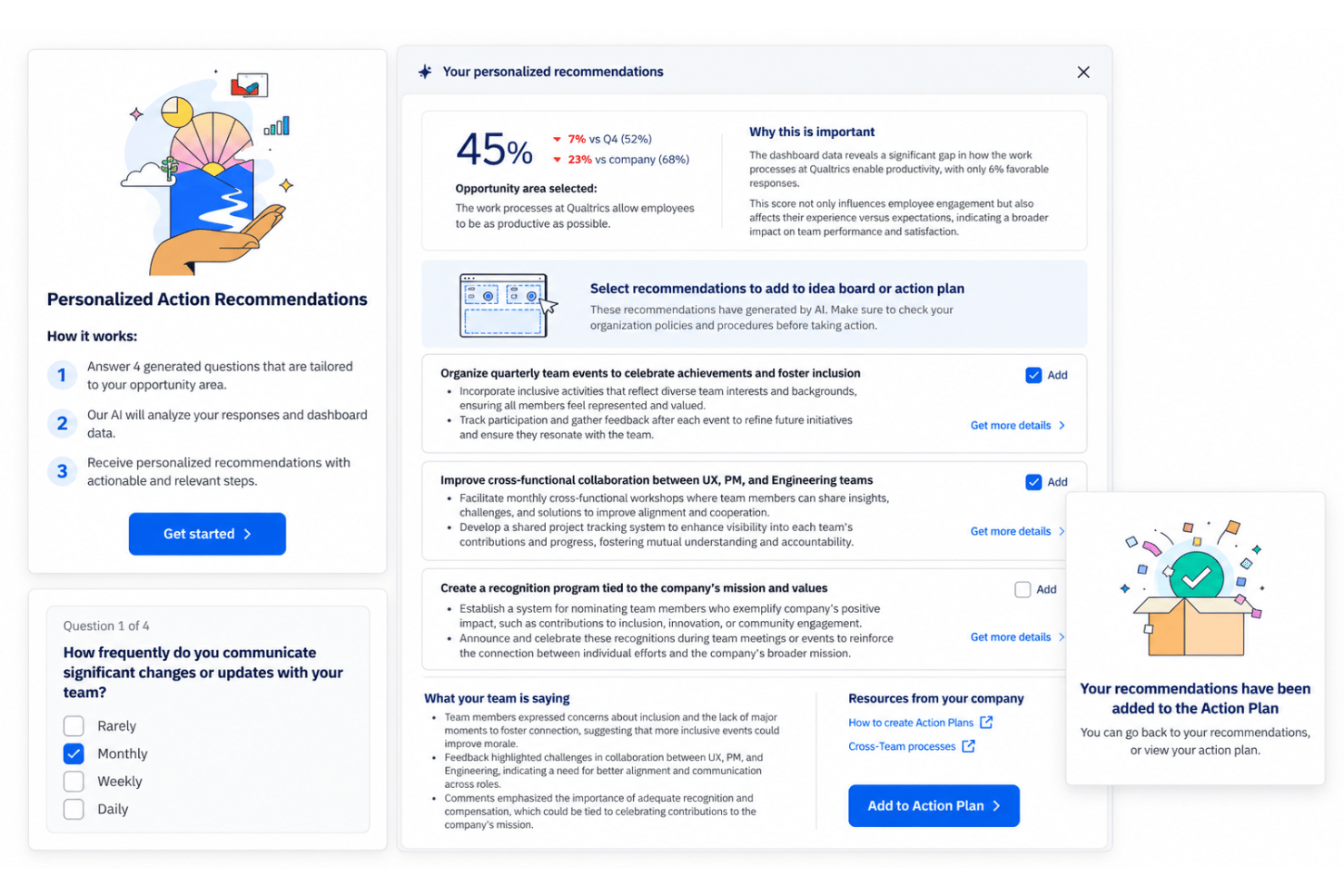 Qualtrics action planning with survey insights and manager actions.