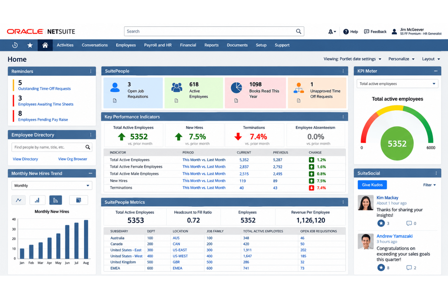Oracle NetSuite ERP interface with employee self-service, payroll, and workforce management.
