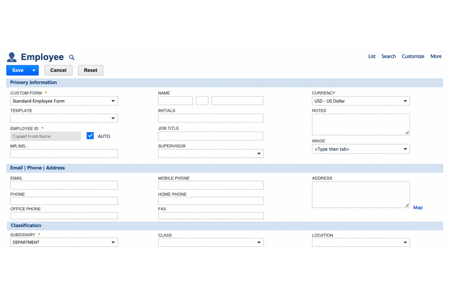 Oracle NetSuite ERP employee information management with records and job details.