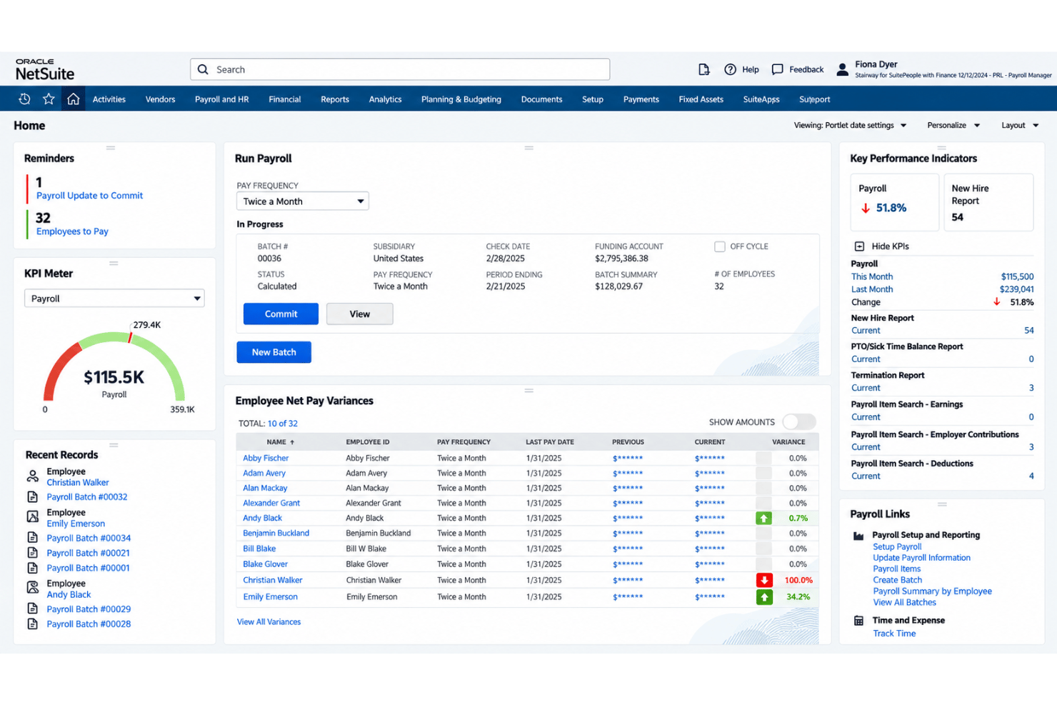 Oracle NetSuite ERP payroll processing with tax deductions and payroll previews.