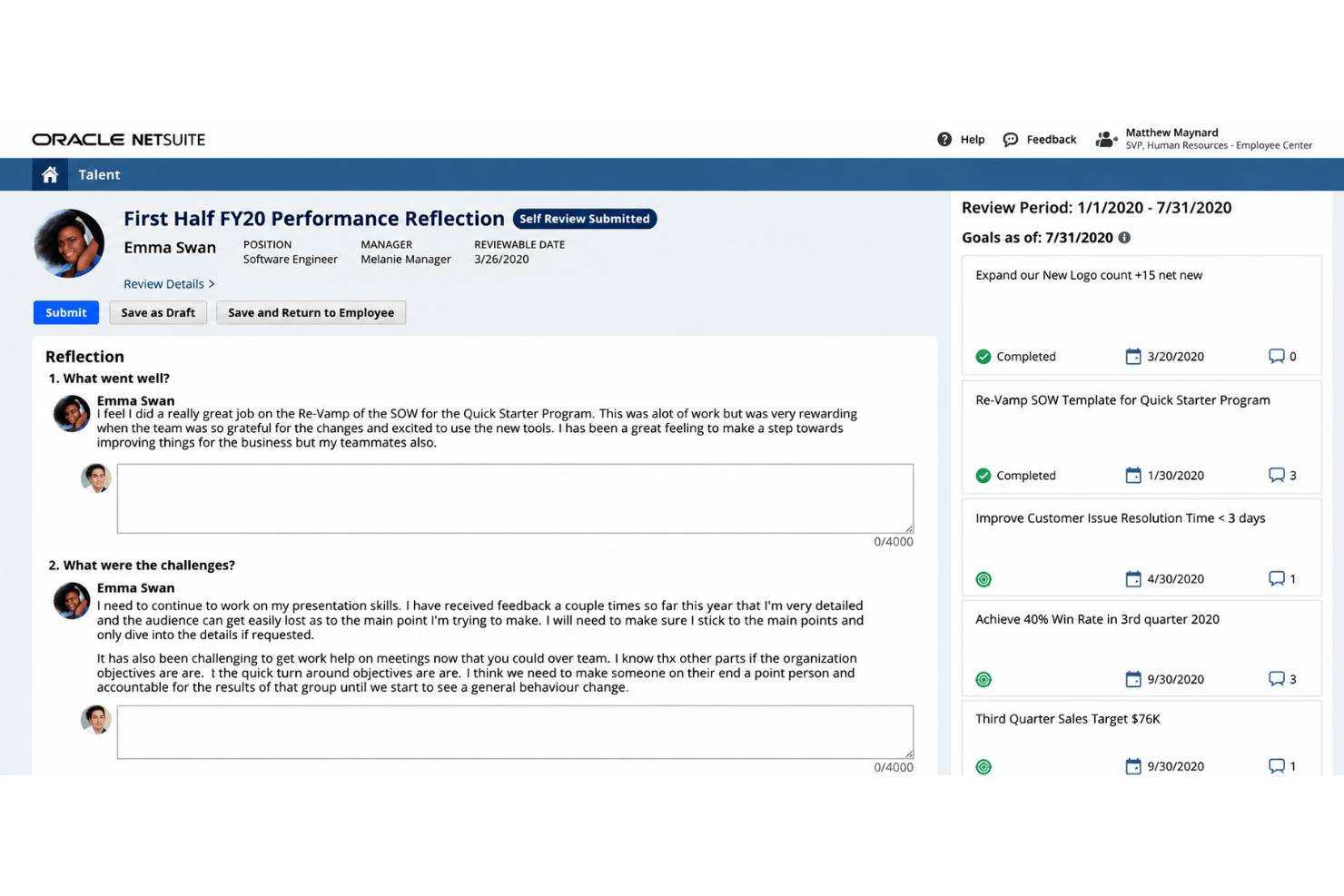 Oracle NetSuite ERP performance management with goals, reviews, and ratings.