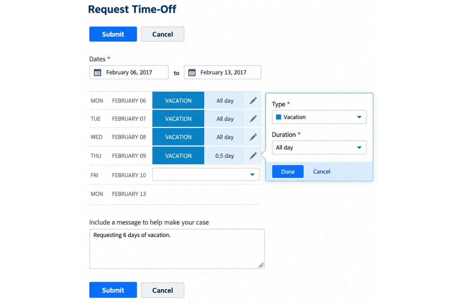 Oracle NetSuite ERP time-off management with leave requests and accrual tracking.
