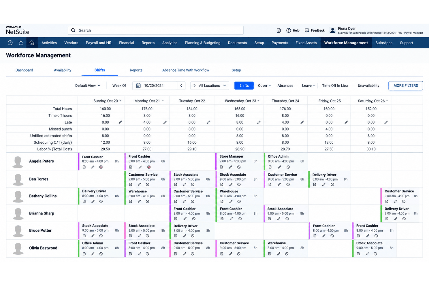Oracle NetSuite ERP workforce management with scheduling and time tracking.
